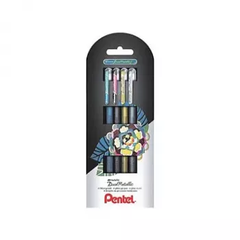 Pentel Dual Metallic Gēla pildspalvu komplekts - 4 pildspalvas (melnā, zilā, zelta, sudraba) - 0,5 mm - blistera iepakojums