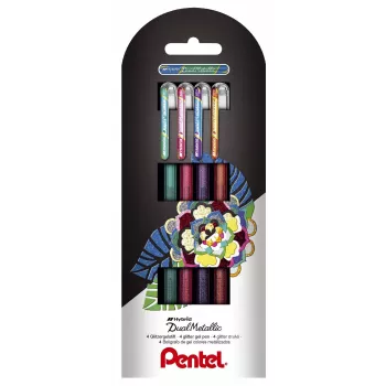 Pentel Dual Metallic Gēla pildspalvu komplekts - 4 krāsas (zaļa, oranža, rozā, violeta) - 0,5 mm smalks gals - plastmasas korpuss - blistera iepakojums