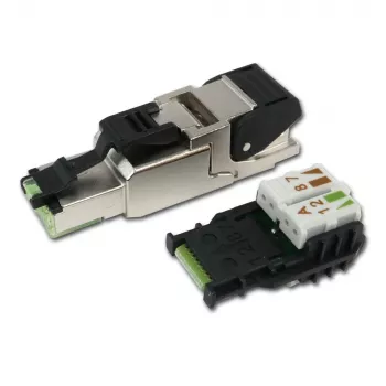 Telegärtner RJ45 savienotājs MFP8 Cat.6a (Deep), T568A iepriekš samontēts putekļu vāciņš, izturīgs liešanas cinka korpuss - 1 gab. (J00026A2004)