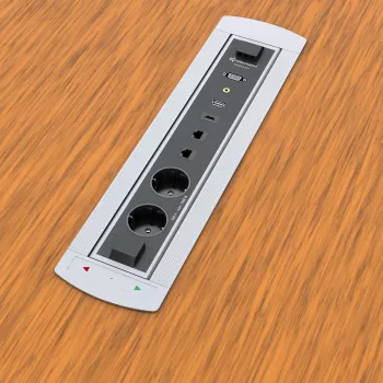 Kindermann CablePort Turn galda virsmas iegremdējamais stiprinājums ar 2 Schuko kontaktligzdām, 2 RJ45 CAT6, 2 HDMI, 1 USB-A 3.0, 360° rotāciju, sudrabs/melns