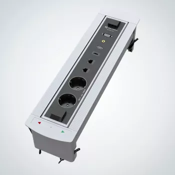 Kindermann CablePort Turn galda virsmas iegremdējamais stiprinājums ar 2 Schuko kontaktligzdām, 2 RJ45 CAT6, 2 HDMI, 1 USB-A 3.0, 360° rotāciju, sudrabs/melns