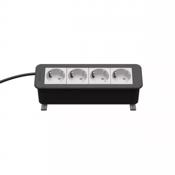 Kindermann CP Office Desk 4-Way Power Module (4 x Schuko, 3m kabelis, Sudrabs/Melns)