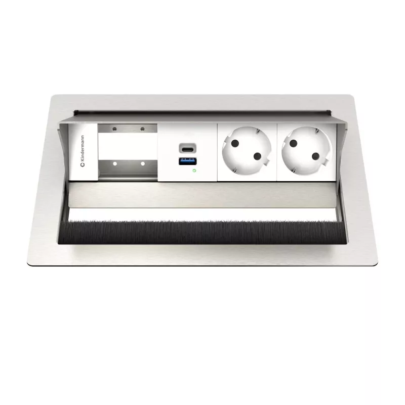 Kindermann CP Standard² VA 4f. galda savienojumu panelis ar 2x Schuko ligzdām un 1x USB-A uzlādes portu, sudraba/melns