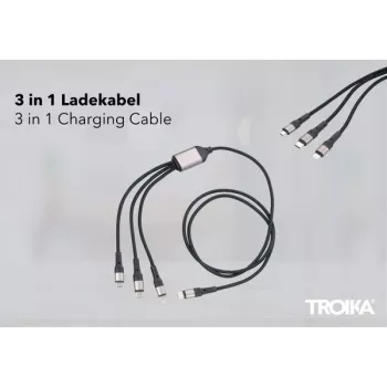 TROIKA DREIZACK PRO Fast Charging Cable - 3-in-1 Multi-Connector Charging Cable with Keychain Loop - Grey