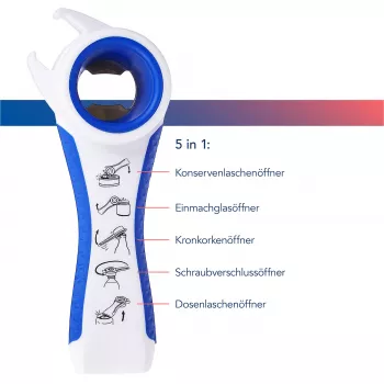 First Aid Only 5-in-1 Multi-Opener pudelēm un skārdenēm, balts/zils, samazina piepūli