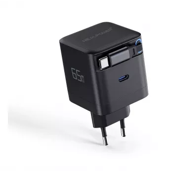 RealPower GaN Lādētājs 65W Melns ar 2x USB-C PD, Kompakts un Jaudīgs