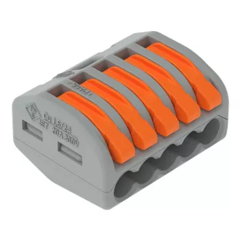 WAGO 222-415 5-dzīslu kompakts sviras atsperes skavas spaiļu bloks, 32 A, 400 V, pelēks/oranžs