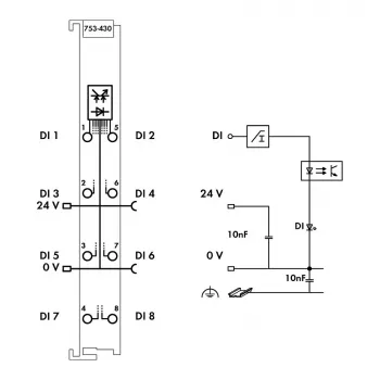 WAGO 753-430 - 8 kanālu digitālās ievades modulis, 24 VDC, 5 kV izolācija, CAGE CLAMP, DIN sliede