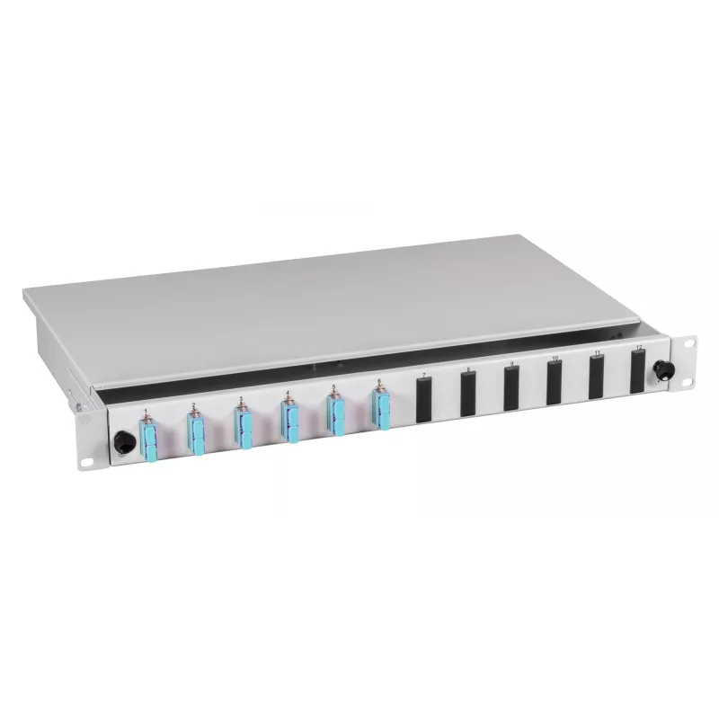 EFB Elektronik Splice Box SC OS2 9/125µm Sliding 24 Pigtails 12 Couplers 1U 19 inch Rack Mount Grey