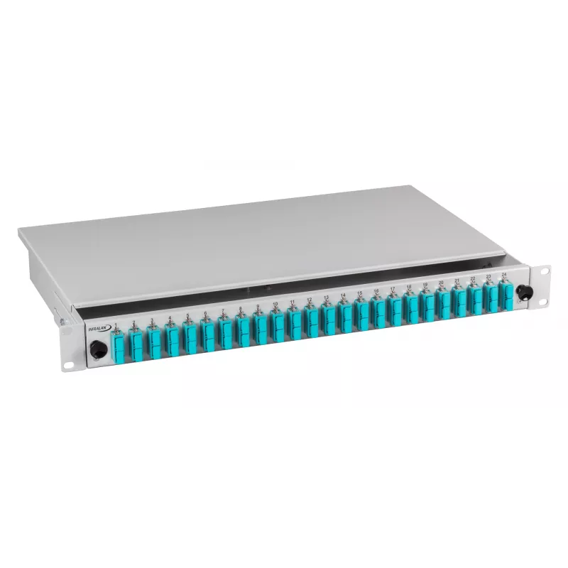 EFB Elektronik Splice Box SC OS2 9/125µm Sliding 24 Pigtails 12 Couplers 1U 19 inch Rack Mount Grey