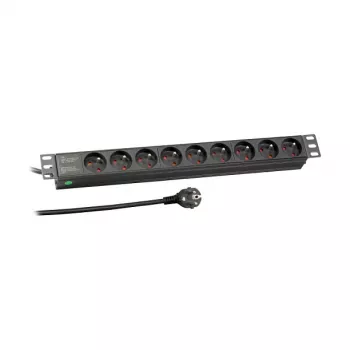 EFB Elektronik EK631FR.1 19 collu 1U statīvā montējams strāvas sadalītājs, 9 x Francijas/UTE kontaktligzdas, CEE 7/7 spraudnis, 1,8 m kabelis, 16 A, 230 V, melns