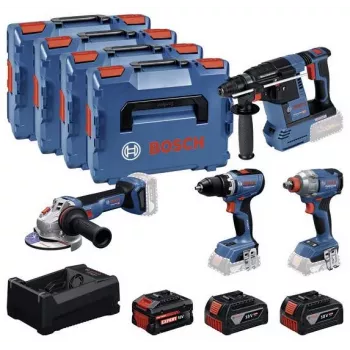 BOSCH POWERTOOLS Kombinētais komplekts 18V bezvadu urbjmašīna, triecienskrūvgriezis, rotējošais āmurs, leņķa slīpmašīna (4 instrumentu komplekts)
