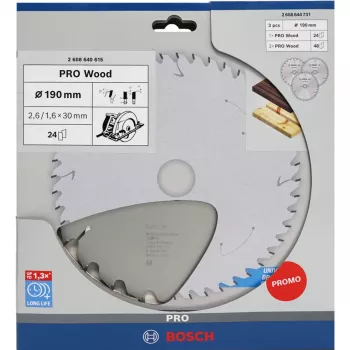BOSCH Power Tools PRO Wood Circular Saw Blade 190 mm (3 gabalu reklāmas komplekts)