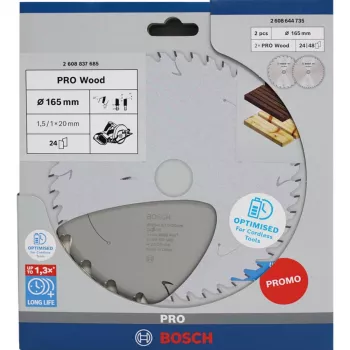 BOSCH POWERTOOLS PRO Wood Bezvadu Ripzāģa Asmens 165 mm (2 gab. komplekts)