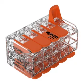 WAGO 221-420 Kompakts savienotājs ar svirām, 10 vadiem, 0,2-4 mm², caurspīdīgs korpuss, oranža svira, 10 iepakojumā