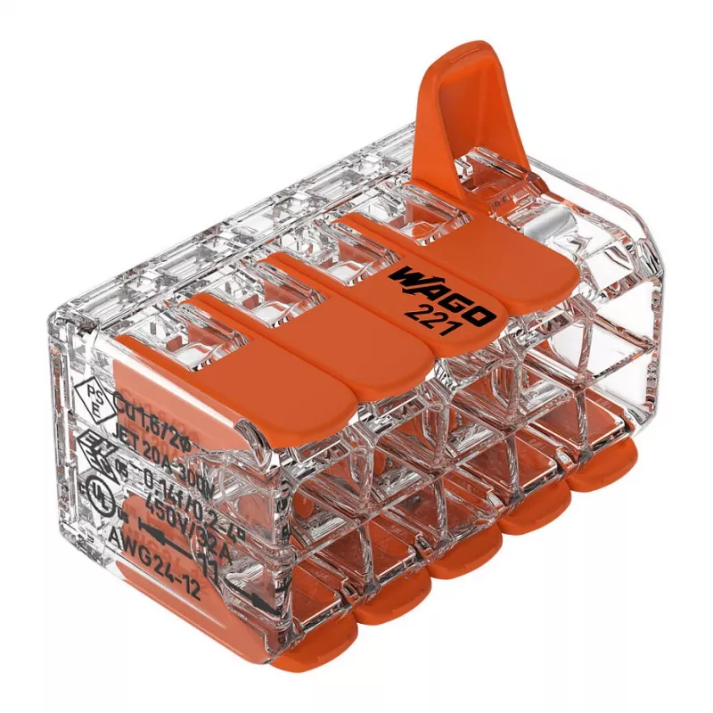 WAGO 221-420 Kompakts savienotājs ar svirām, 10 vadiem, 0,2-4 mm², caurspīdīgs korpuss, oranža svira, 10 iepakojumā