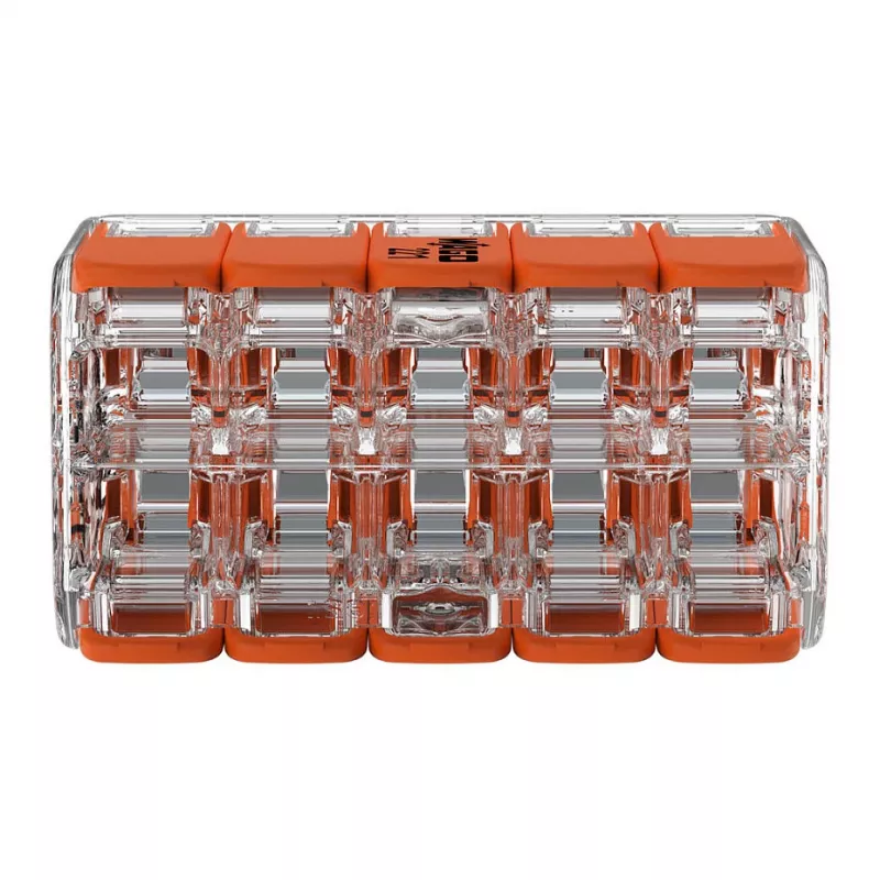 WAGO 221-420 Kompakts savienotājs ar svirām, 10 vadiem, 0,2-4 mm², caurspīdīgs korpuss, oranža svira, 10 iepakojumā