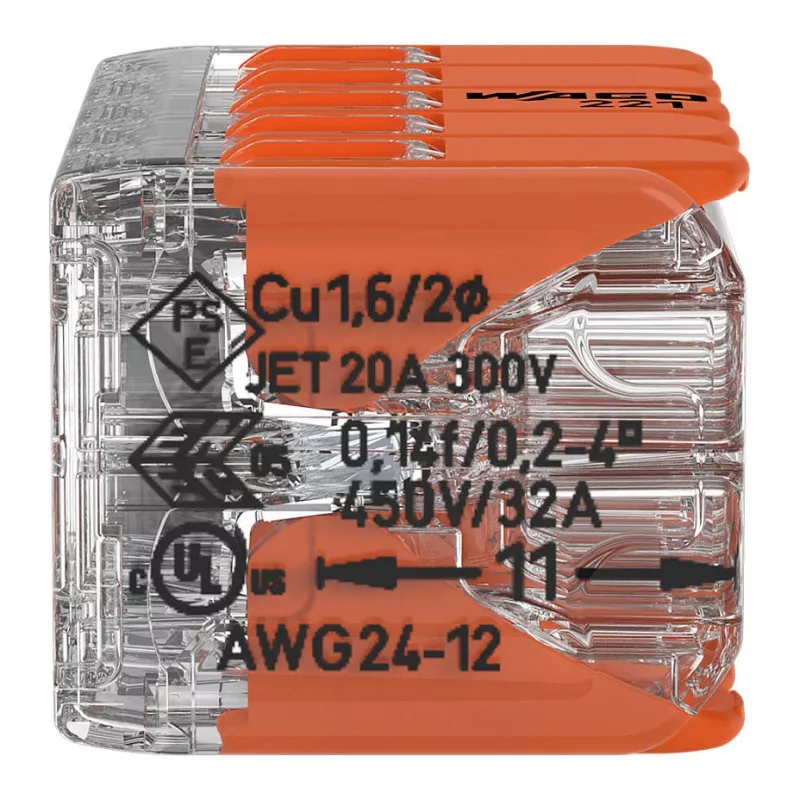 WAGO 221-420 Kompakts savienotājs ar svirām, 10 vadiem, 0,2-4 mm², caurspīdīgs korpuss, oranža svira, 10 iepakojumā