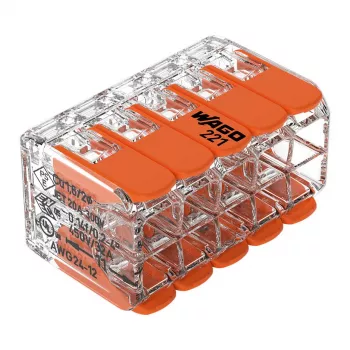 WAGO 221-420 Kompakts savienotājs ar svirām, 10 vadiem, 0,2-4 mm², caurspīdīgs korpuss, oranža svira, 10 iepakojumā