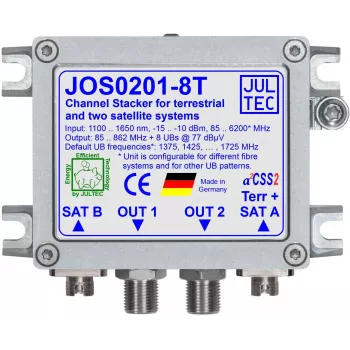 JULTEC JOS0201-8T Unicable II / JESS vienkabeļa pārveidotājs ar 2x optisko satelīta un 1x optisko zemes apraides ieeju, 8x F tipa izeju, FC/PC savienotāji