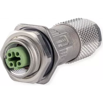 METZ CONNECT M12 ligzda D-kodēta IP67 laukā vadu savienojama ar atloku, sievišķā, 4-pin, A-kodēta