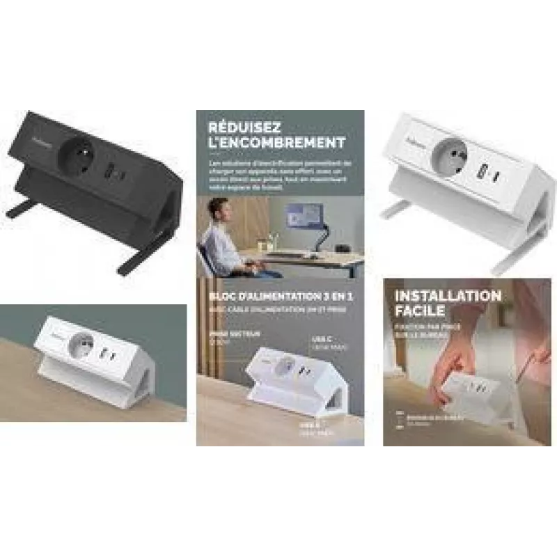 Fellowes Power Desk Galda Strāvas Sloksne Tips E Balta 3 AC Kontaktligzdas 2 USB-A 2m Kabelis