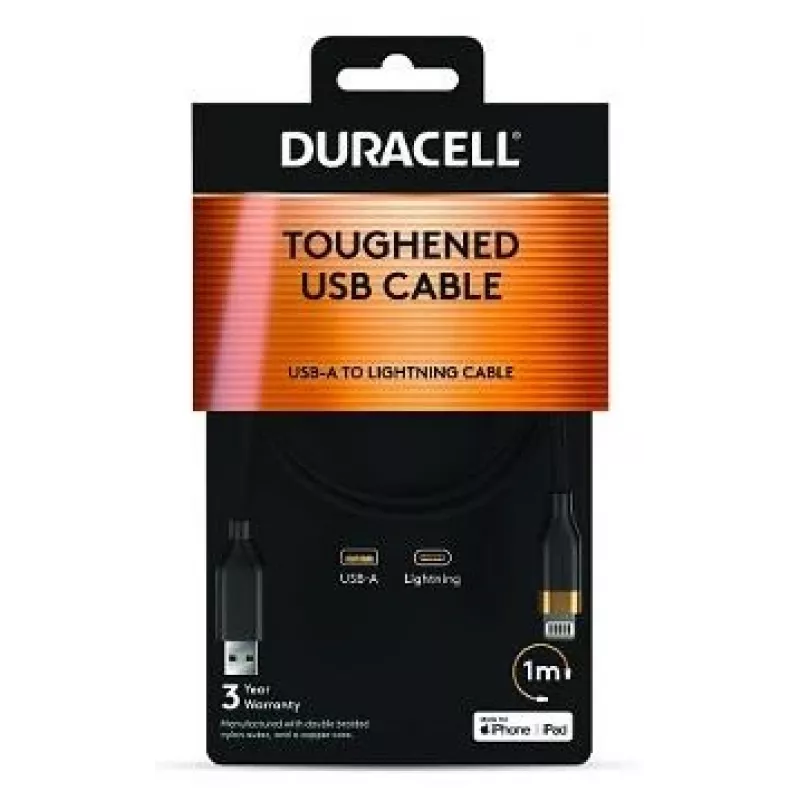DURACELL 1m USB-A to Lightning kabelis balts MFi sertificēts