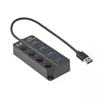AKYGA AK-AD-33 USB 3.0 Hub 4-Port ar individuāliem slēdžiem, 15 cm kabelis, melns