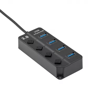AKYGA AK-AD-33 USB 3.0 Hub 4-Port ar individuāliem slēdžiem, 15 cm kabelis, melns