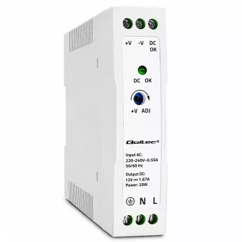 Qoltec DIN Rail Barošanas bloks 20W 12V 1.67A Balts Plāns