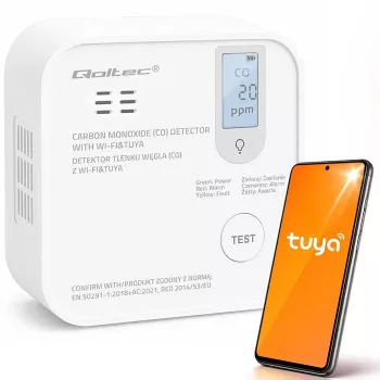 Qoltec Certified Wireless Carbon Monoxide (CO) Detector with Battery, CO Detector, TUYA, Wi-Fi, 10-Year Sensor Life, 85dB Alarm, LED