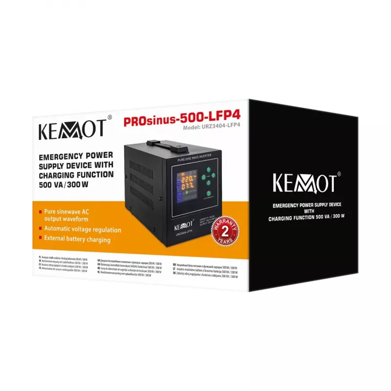 KEMOT PROsinus-500-LFP4 Nepārtrauktās barošanas avots ar tīru sinusoidālo viļņu invertoru un uzlādes funkciju 12V 230V 500VA/300W