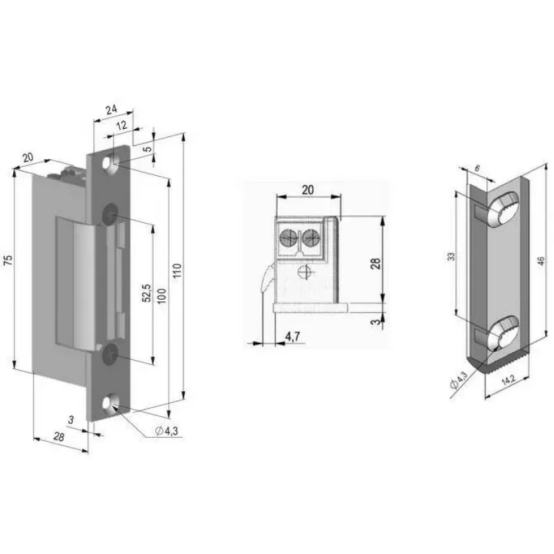 SCOT ES-S12AC/DC-B PROFI Simetrisks elektriskais aizbīdnis ar slēdzeni, 12V AC/DC, Fail-Secure, 3000N turēšanas spēks, Pelēks/Sudrabs