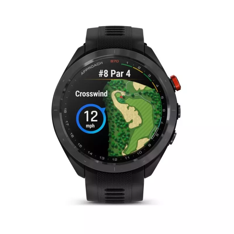 Garmin Approach S70 47mm Golf GPS viedpulkstenis – Melns/sarkans ar keramikas rāmi un melnu silikona siksnu
