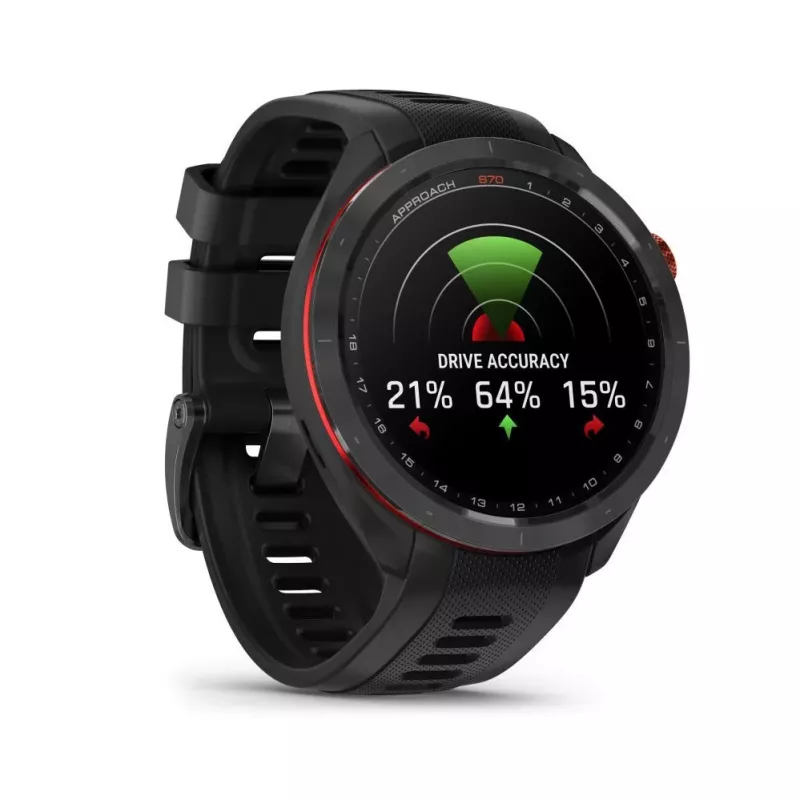 Garmin Approach S70 47mm Golf GPS viedpulkstenis – Melns/sarkans ar keramikas rāmi un melnu silikona siksnu
