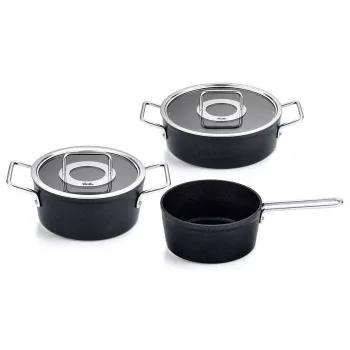 Fissler Adamant katlu komplekts, 3 daļas: 20 cm katls, 24 cm sautējamais katls un 18 cm kausiņš, ar stikla vākiem (156-115-03-000/0)