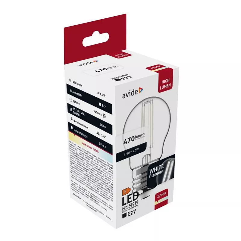 Avide LED spuldze balta kvēldiega mini globuss 4.5W E27 silta balta 2700K