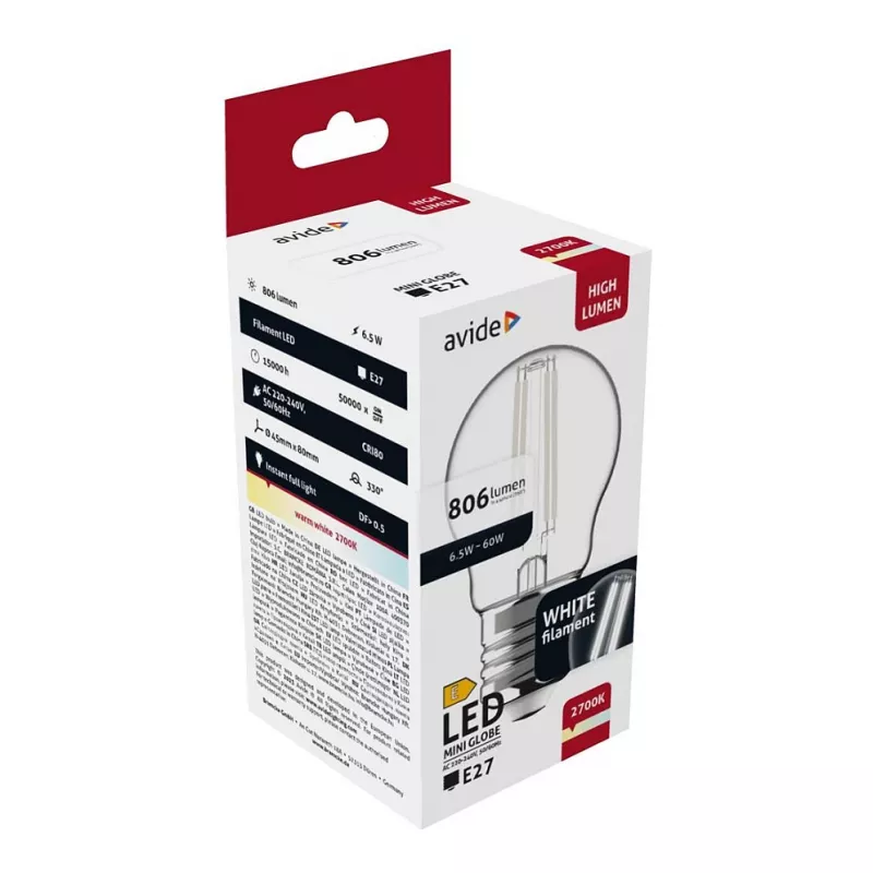 Avide LED spuldze balta kvēldiega mini globuss 6.5W E27 silta balta 2700K