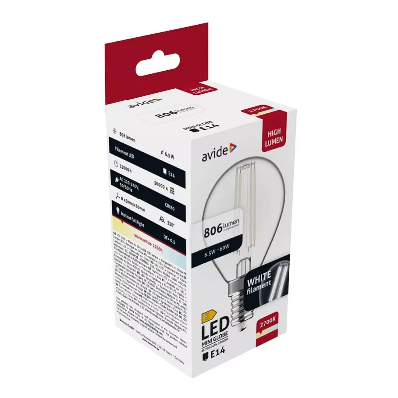 Avide LED spuldze White Filament Mini Globe 6.5W E14 Silta balta 2700K