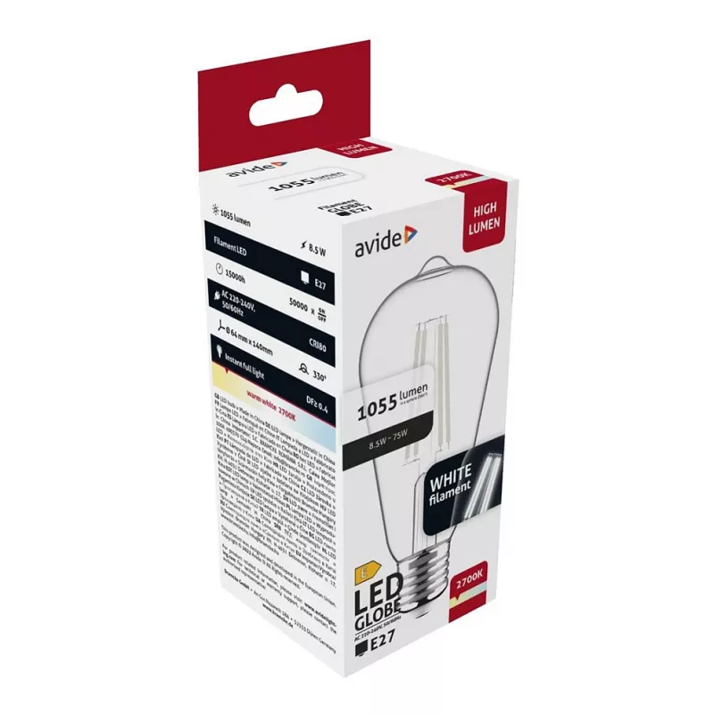 Avide LED spuldze White Filament ST64 8.5W E27 silta balta 2700K