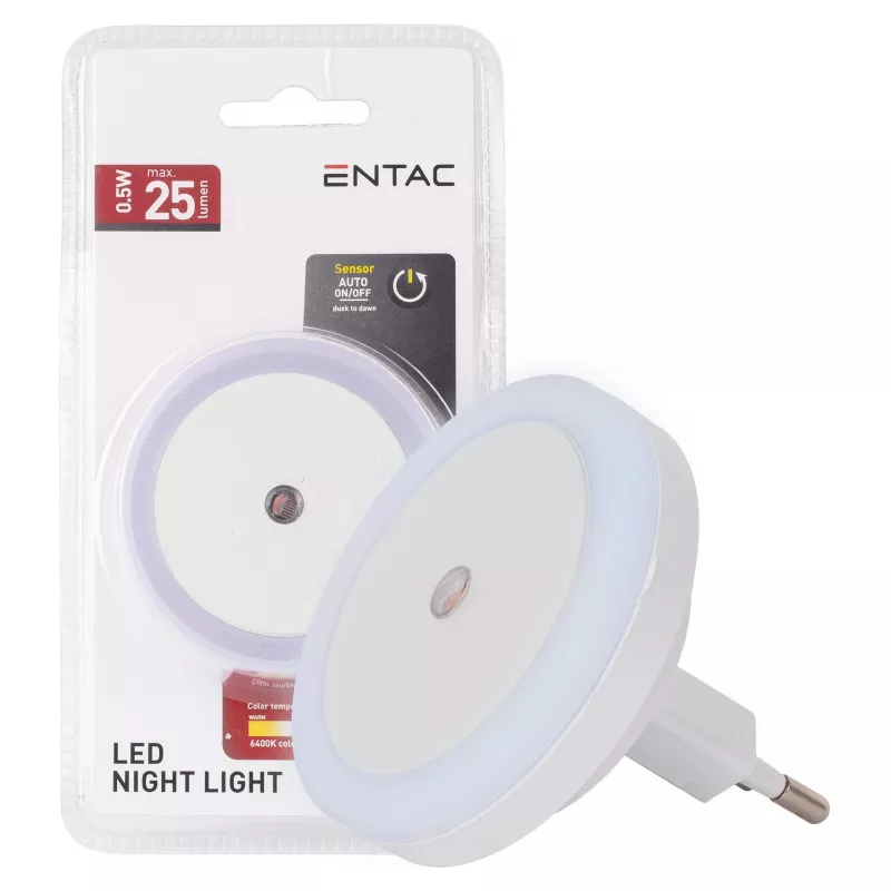ENTAC Nakts gaisma 0.5W Apaļa Vēsi balta ar krēslas sensoru