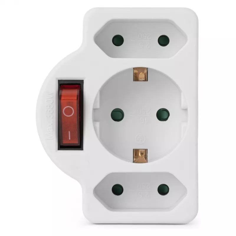 ENTAC Sienas kontaktligzdas adapteris 2x Euro 1x Schuko ar slēdzi Balts