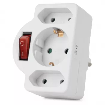 ENTAC Sienas kontaktligzdas adapteris 2x Euro 1x Schuko ar slēdzi Balts
