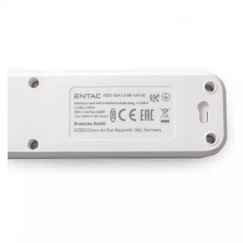 ENTAC pagarinātājs 4 kontaktligzdas ar 1x USB-A un 1x USB-C, 1,5 m balts
