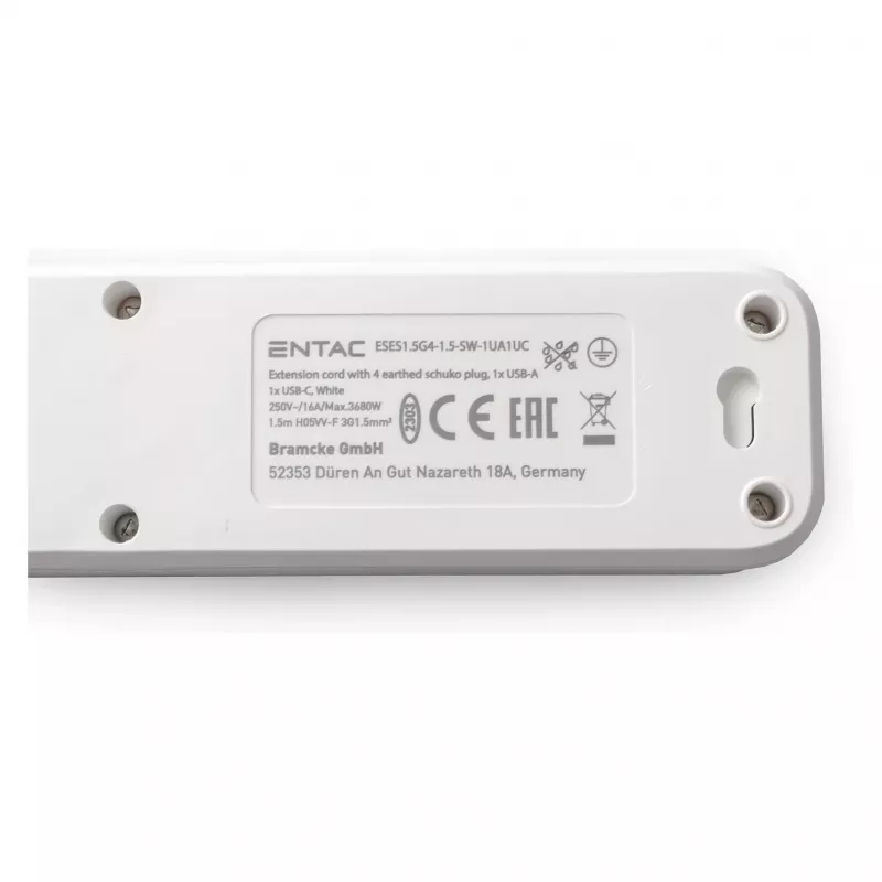 ENTAC pagarinātājs 4 kontaktligzdas ar 1x USB-A un 1x USB-C, 1,5 m balts