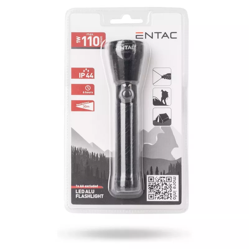 ENTAC 1W LED kabatas lukturis alumīnijs melns AA baterija