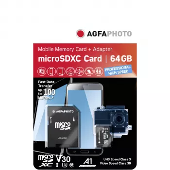 AGFAPHOTO MicroSDXC UHS-I 64GB High Speed Class 10 U3 V30+ ar SD adapteri