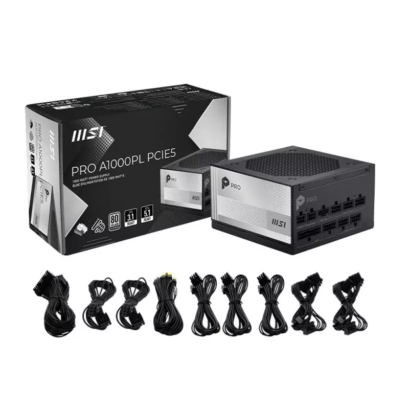 MSI PRO A1000PL PCIE5 1000W 80 PLUS Gold pilnībā modulārs ATX 3.0 barošanas bloks