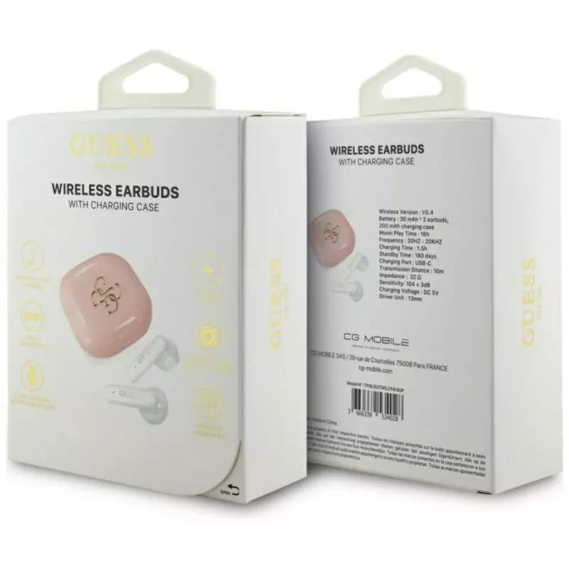 Guess 4G Metal Logo True Wireless Stereo Bluetooth 5.0 Earbuds ar uzlādes futrāli - Rozā