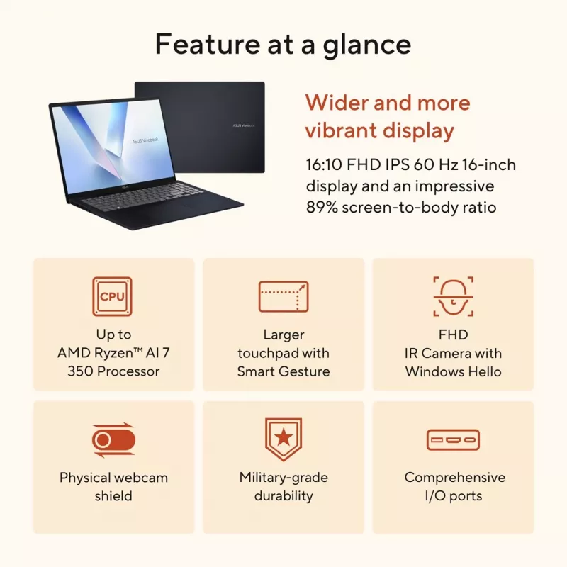 ASUS VivoBook 16 M1607KA-MB164W - Ryzen AI 5 330 | 16 inch | 16GB | 512GB | W11H | Blue